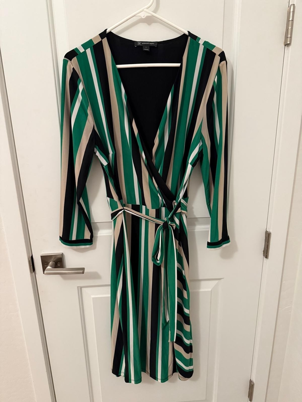 INC International Concepts Green Black Cream Striped Wrap Dress